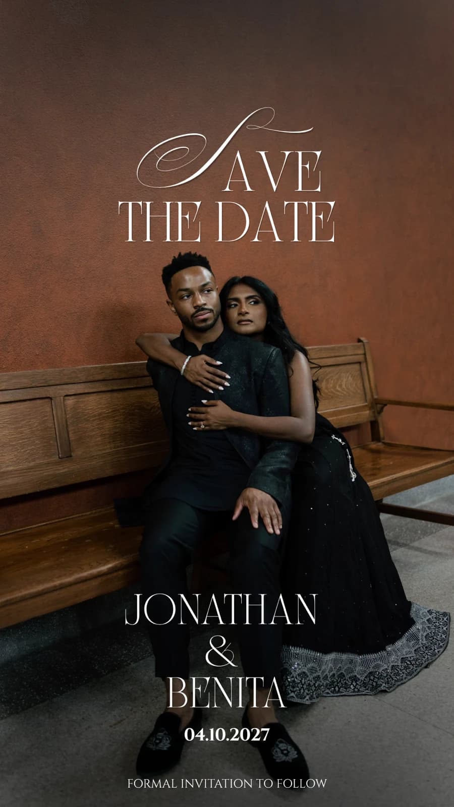 Save the date — Jonathan and Benita, April 10, 2027. Formal invitation to follow.